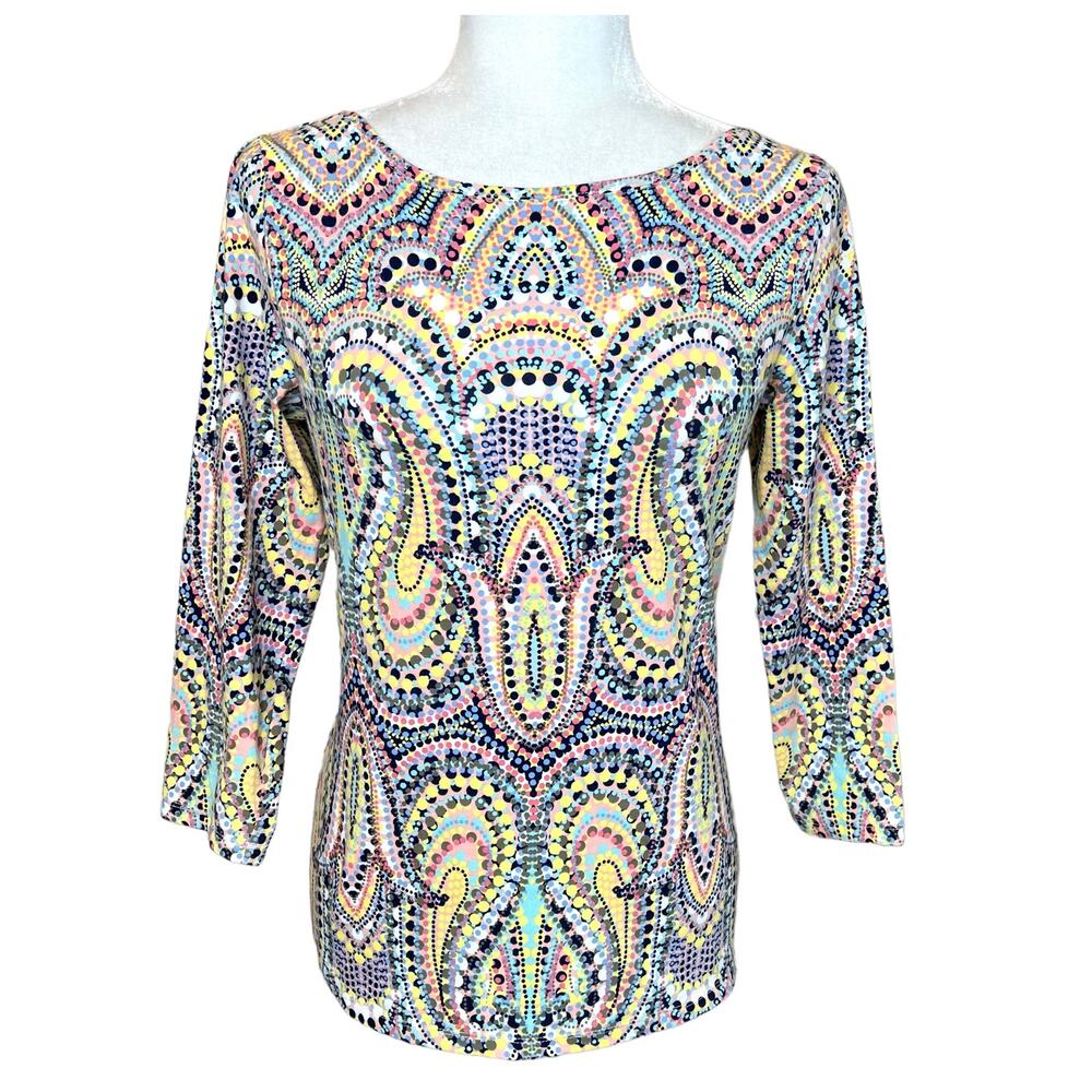 Talbots Bateau Neck Soft Tee Dotted Paisley 3/4 Sleeve Yellow Multi Cotton S
